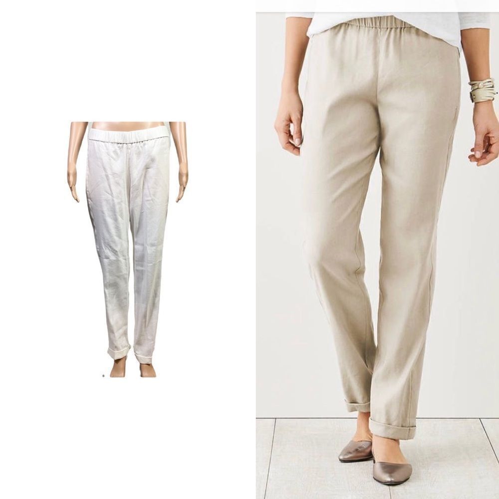 NEW J. Jill stretch linen cuffed hem white elasticated waist pant S